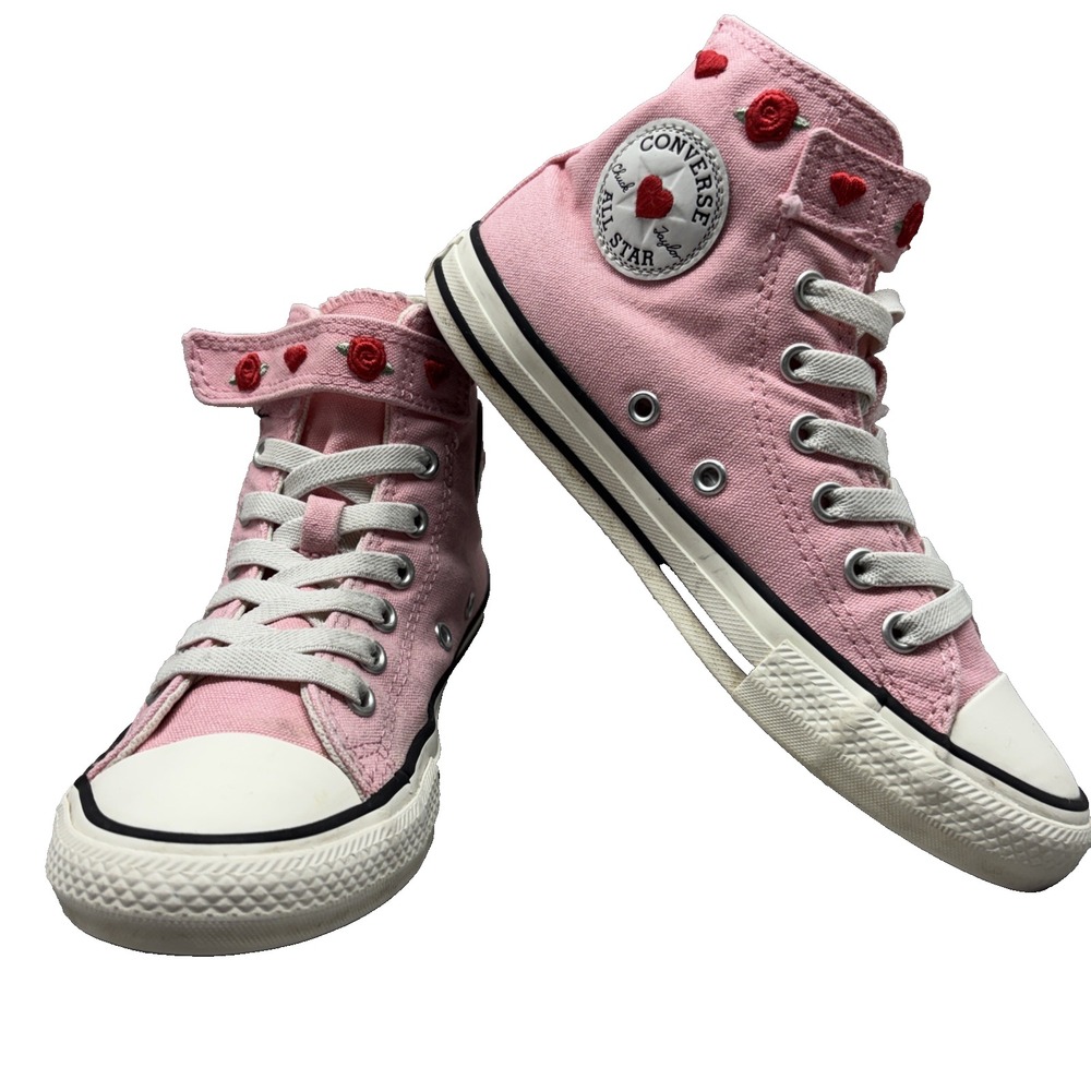 Converse High Top Sneakers Youth Sz 2 Pink Rose Heart Embroidered Chuck Taylor